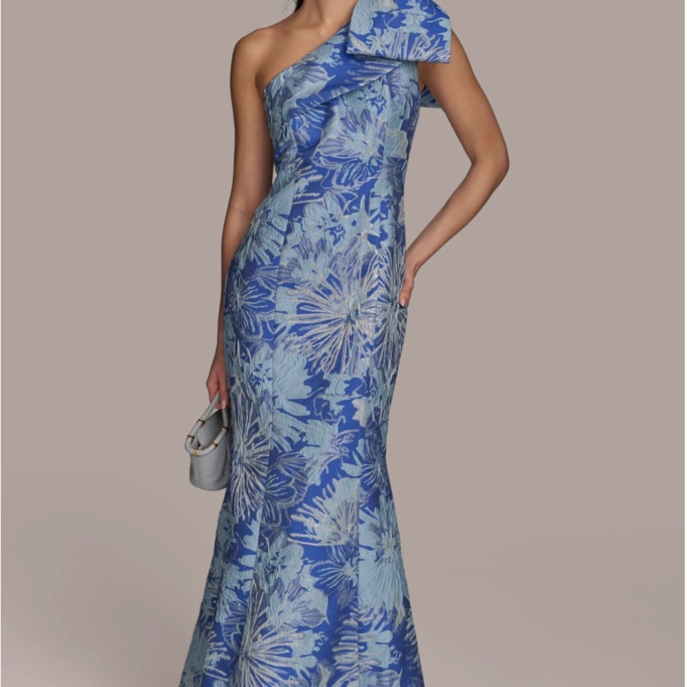 NWT! Donna Karan Blue One Shoulder Bow Floral Gown